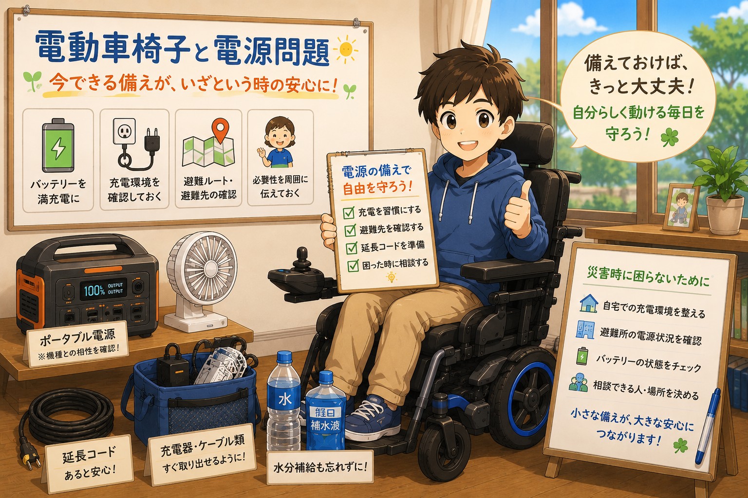 災害時の停電に備え、ポータブル電源や延長コードを準備する電動車椅子ユーザーのイラスト。前向きに防災へ取り組む様子