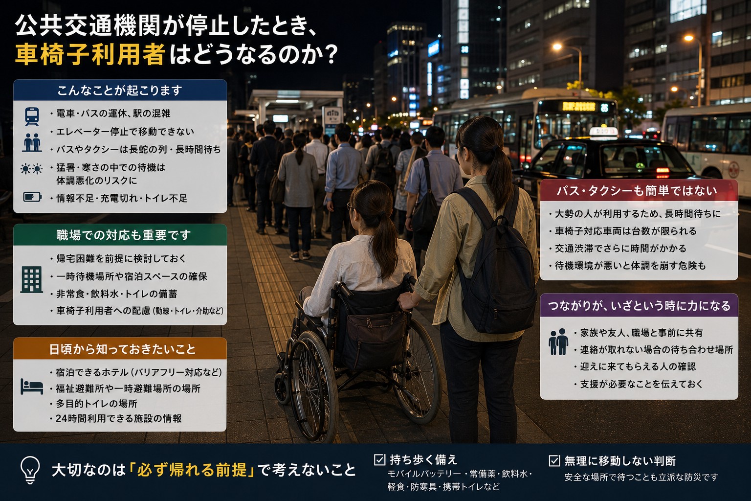 災害で公共交通機関が停止し、夜の駅前で長時間待機する人々と車椅子利用者をイメージした防災写真