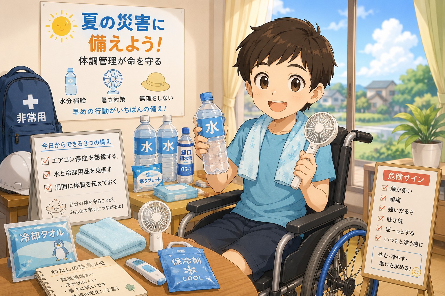 夏の災害に備え、水分補給や冷却用品を準備する車椅子ユーザーのイラスト。頚椎損傷による体温調整の難しさにも配慮した防災イメージ