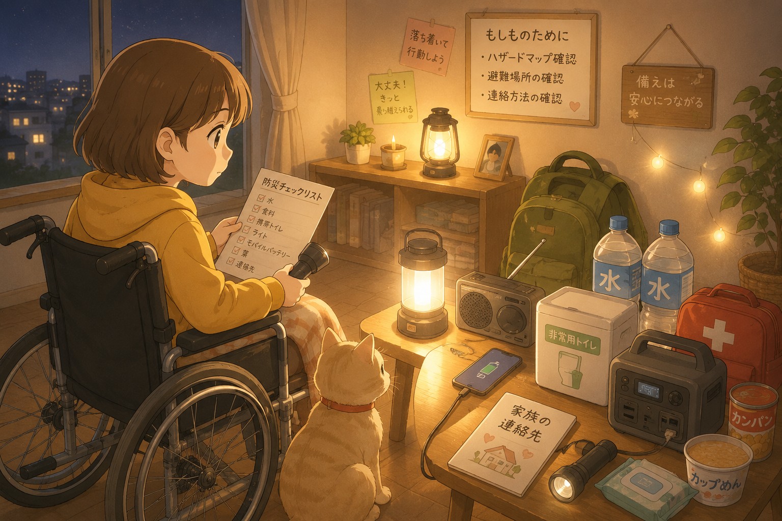 停電に備えて防災用品を確認する車椅子ユーザーのイラスト