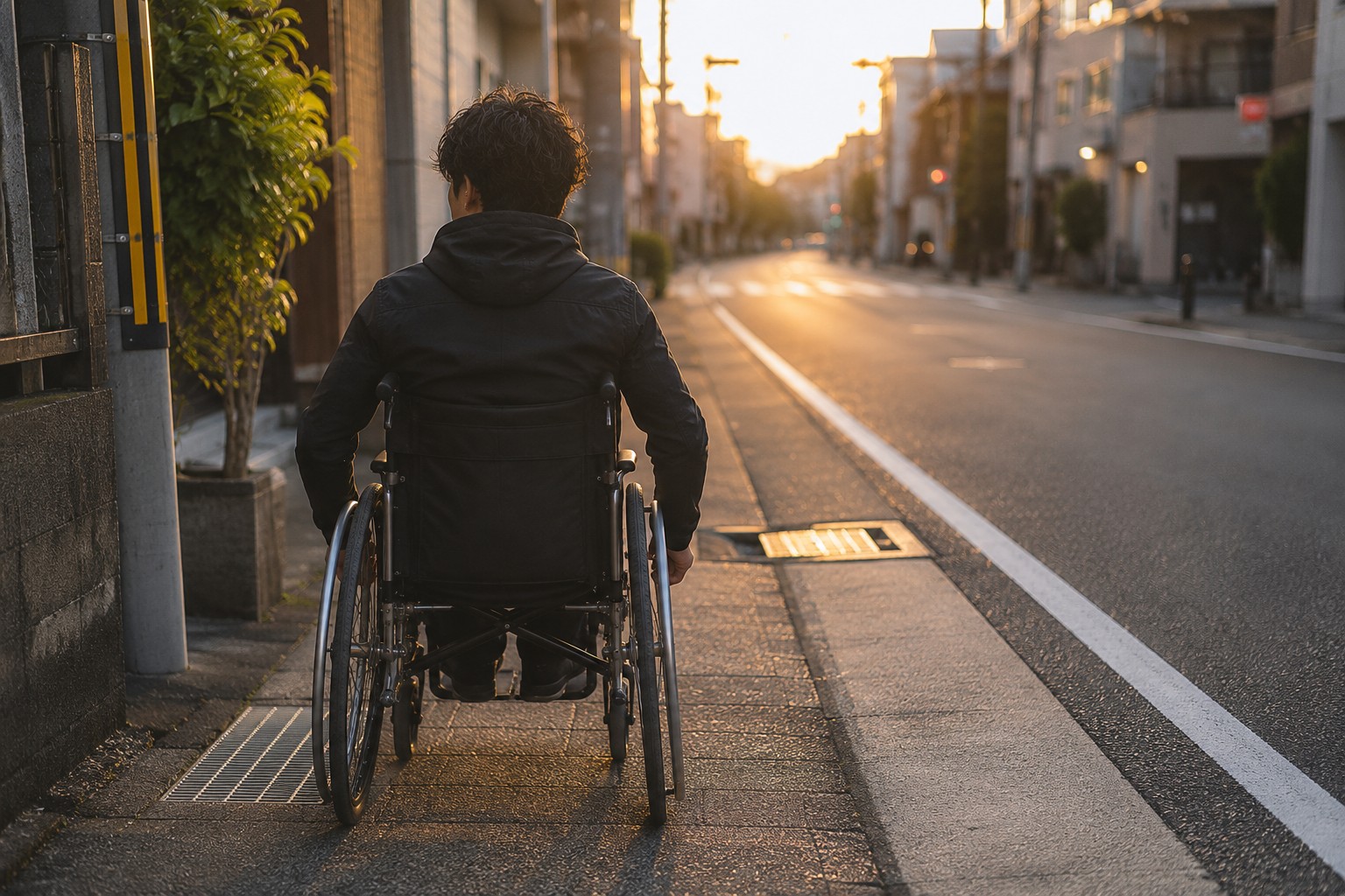 夕方の道路を車いすで移動する利用者。日常の移動環境やバリアフリーの課題を表す写真