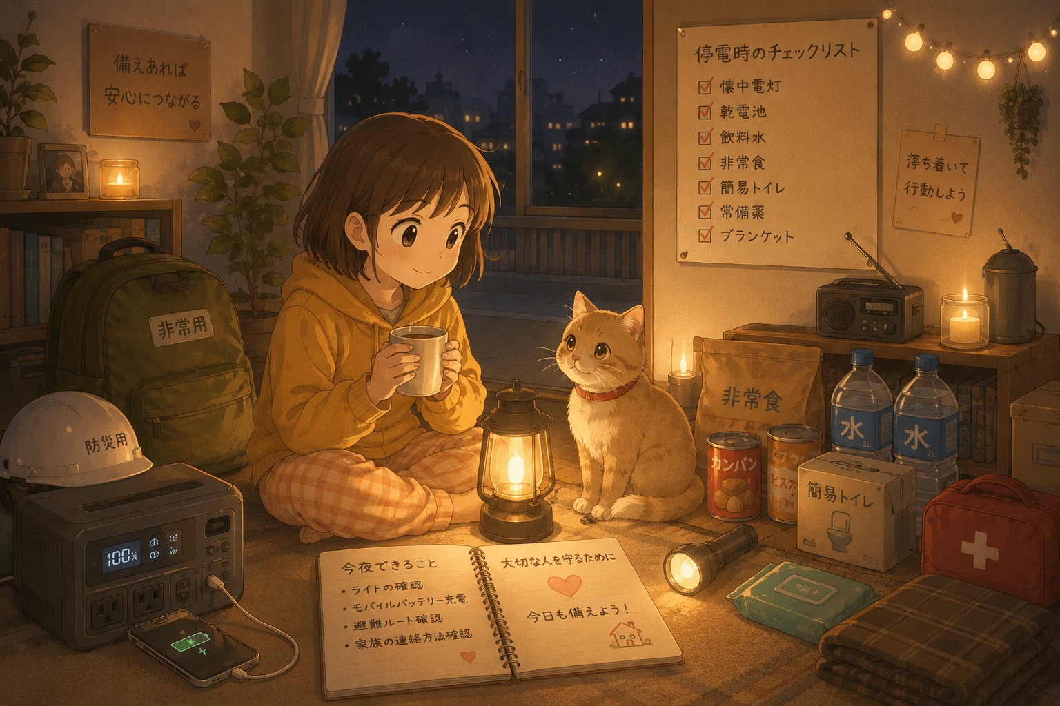 夜間災害に備えて防災用品を確認する車椅子ユーザーのイラスト
