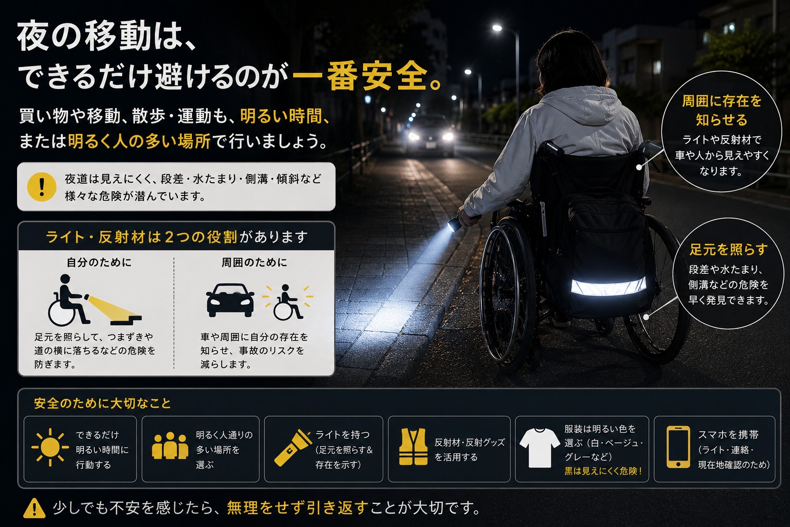 車椅子利用者が夜道を安全に移動するための対策。ライトや反射材を使った夜間移動のポイントを紹介。