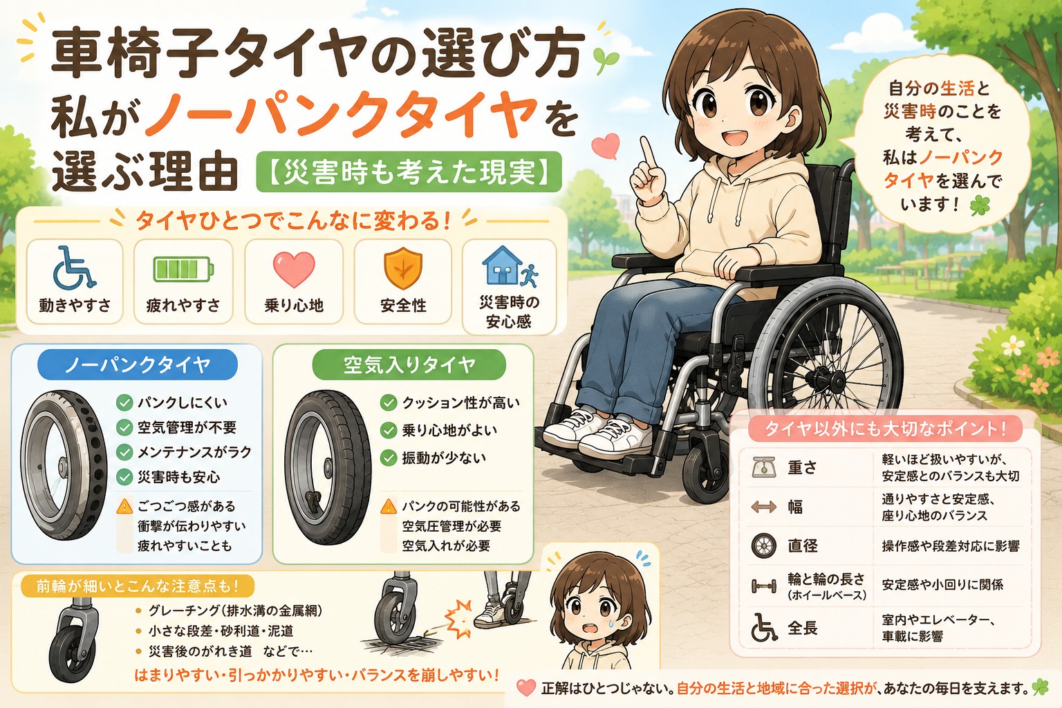 ノーパンクタイヤと空気入りタイヤの違いを紹介する車椅子ユーザー向けイラスト。災害時の安心感や日常生活に合わせたタイヤ選びを解説