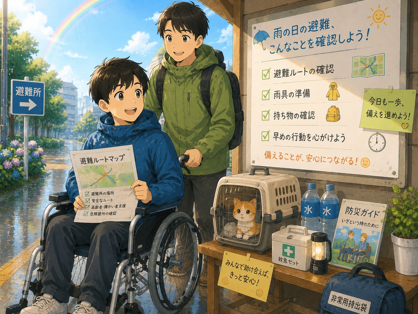 雨の日の避難に備えて防災用品を確認する車椅子ユーザーと介助者のイラスト