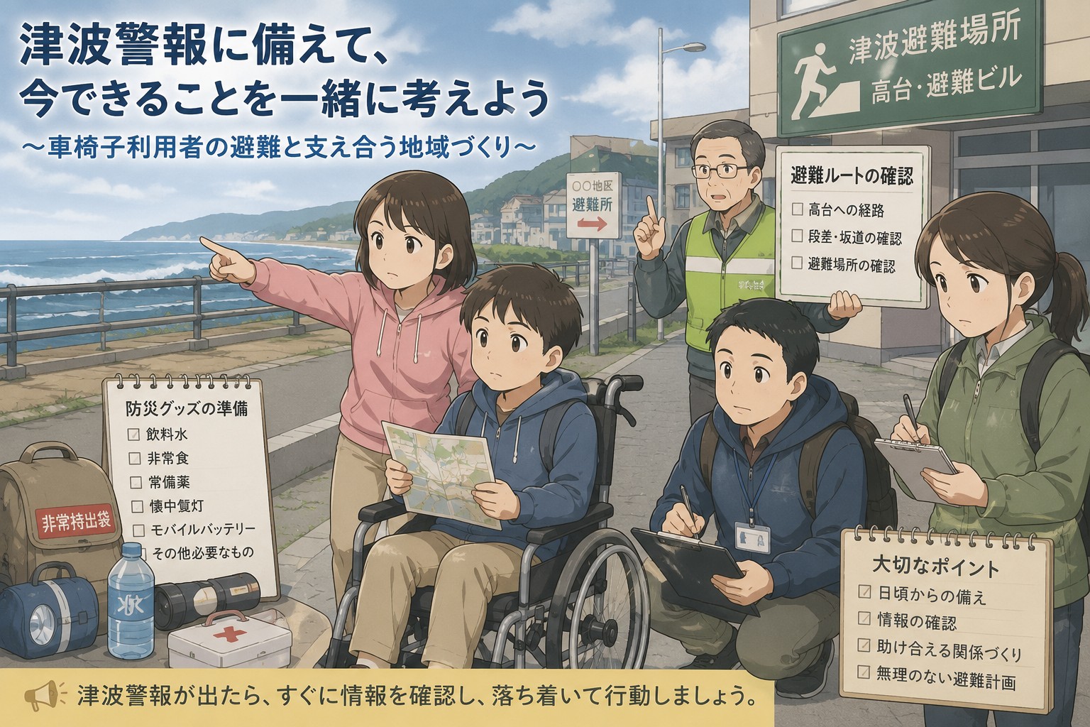 車椅子利用者が津波警報に備えて避難ルートを確認する防災イメージ