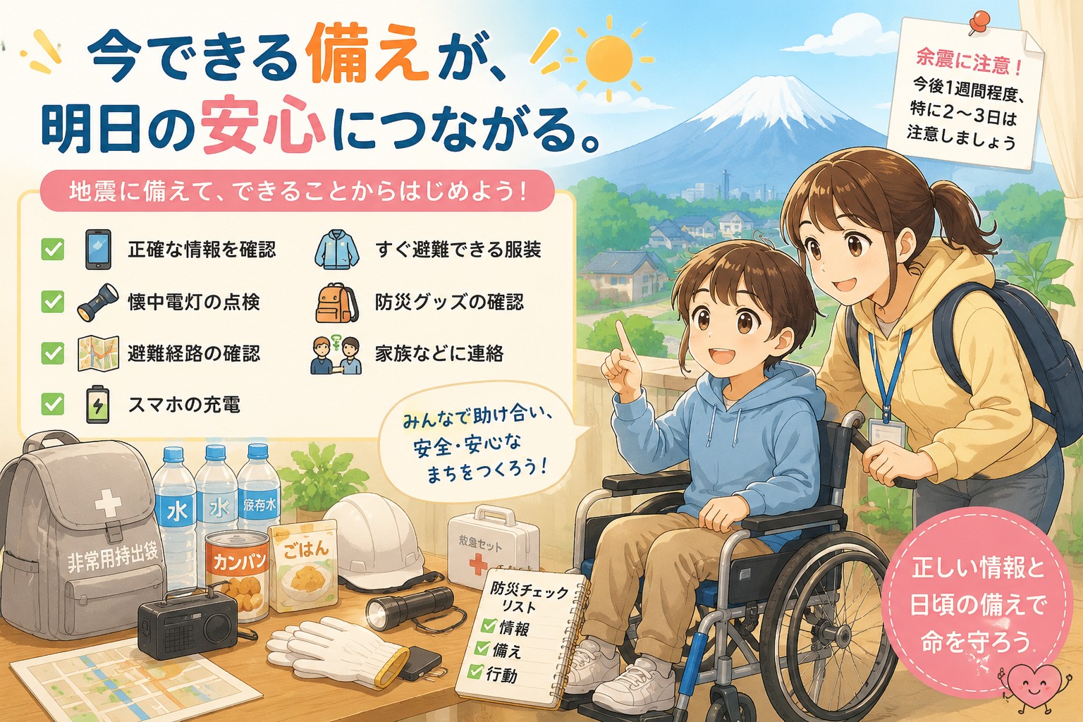 車椅子利用者と介助者が地震への備えを確認している防災イラスト。正確な情報収集、防災グッズ、避難経路の確認など今できる地震対策を紹介。