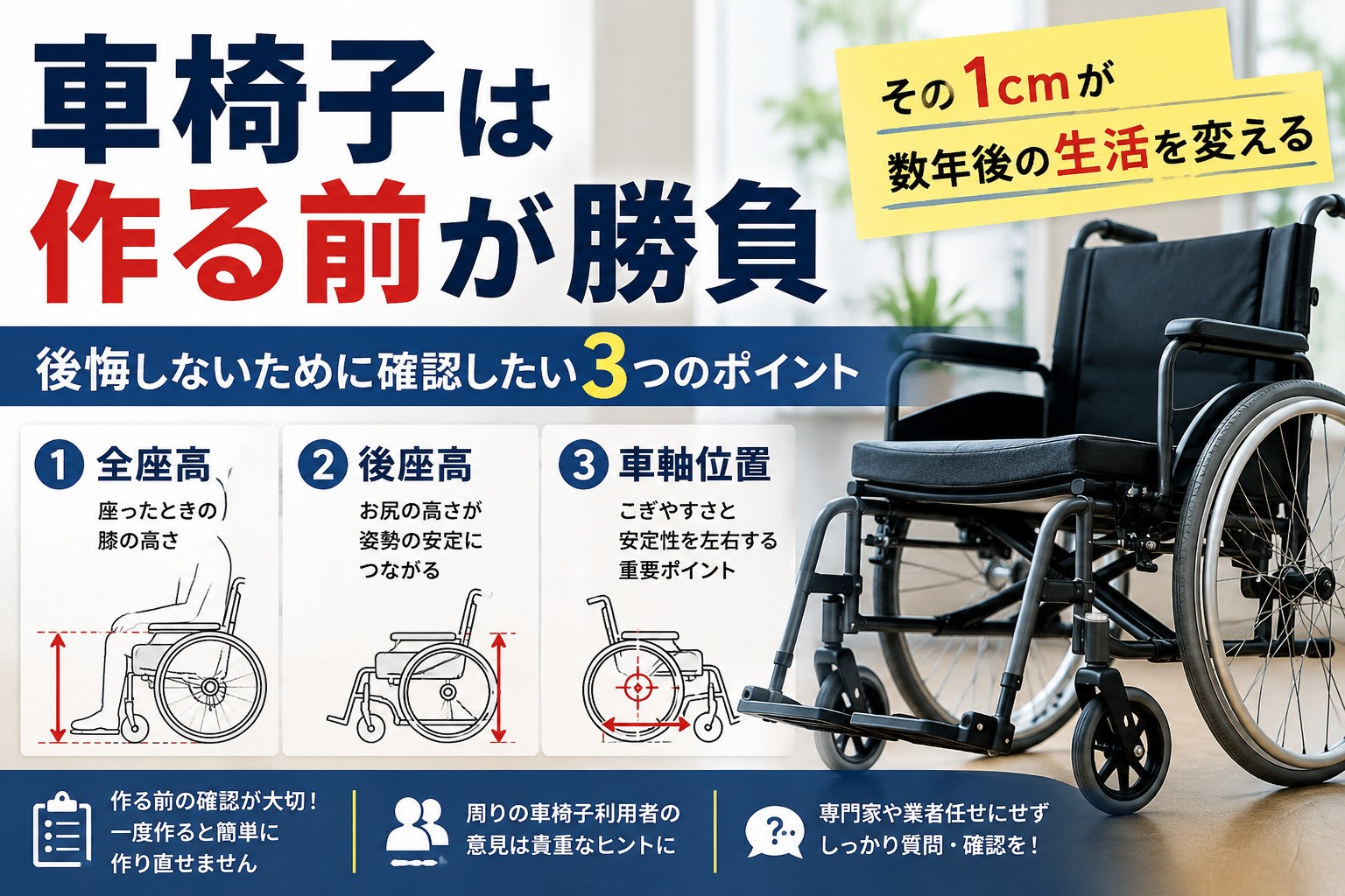 車椅子作製前に全座高・後座高・車軸位置を確認し、自分に合ったポジションを検討する様子