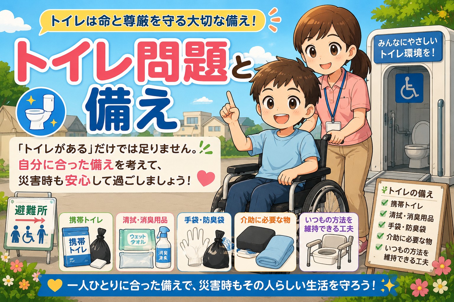 災害時のトイレ問題と備えについて紹介する、車椅子ユーザーと介助者のイラスト