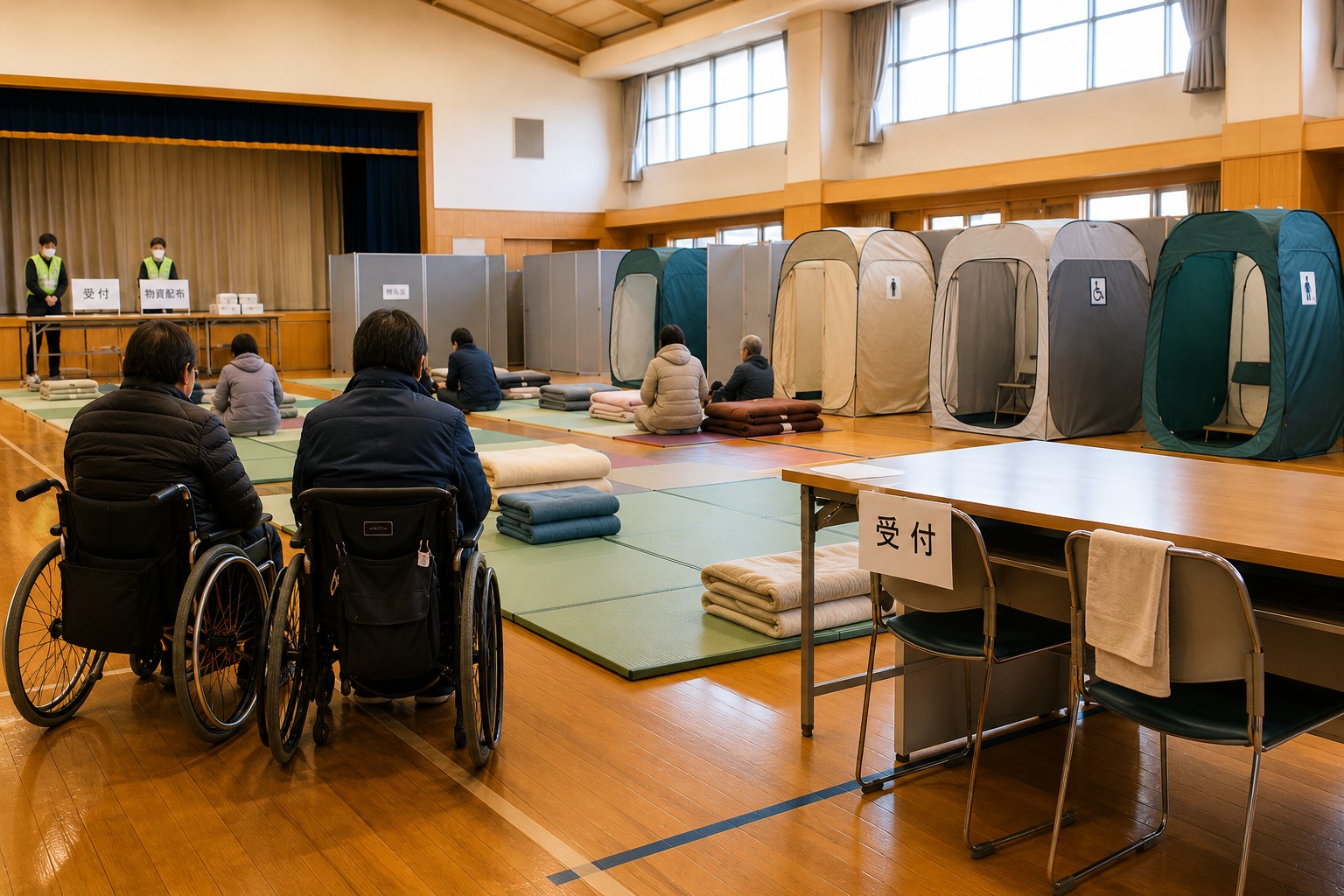 車椅子ユーザーが安心して避難生活を送るための避難所イメージ。受付やプライバシーテントを備えた体育館