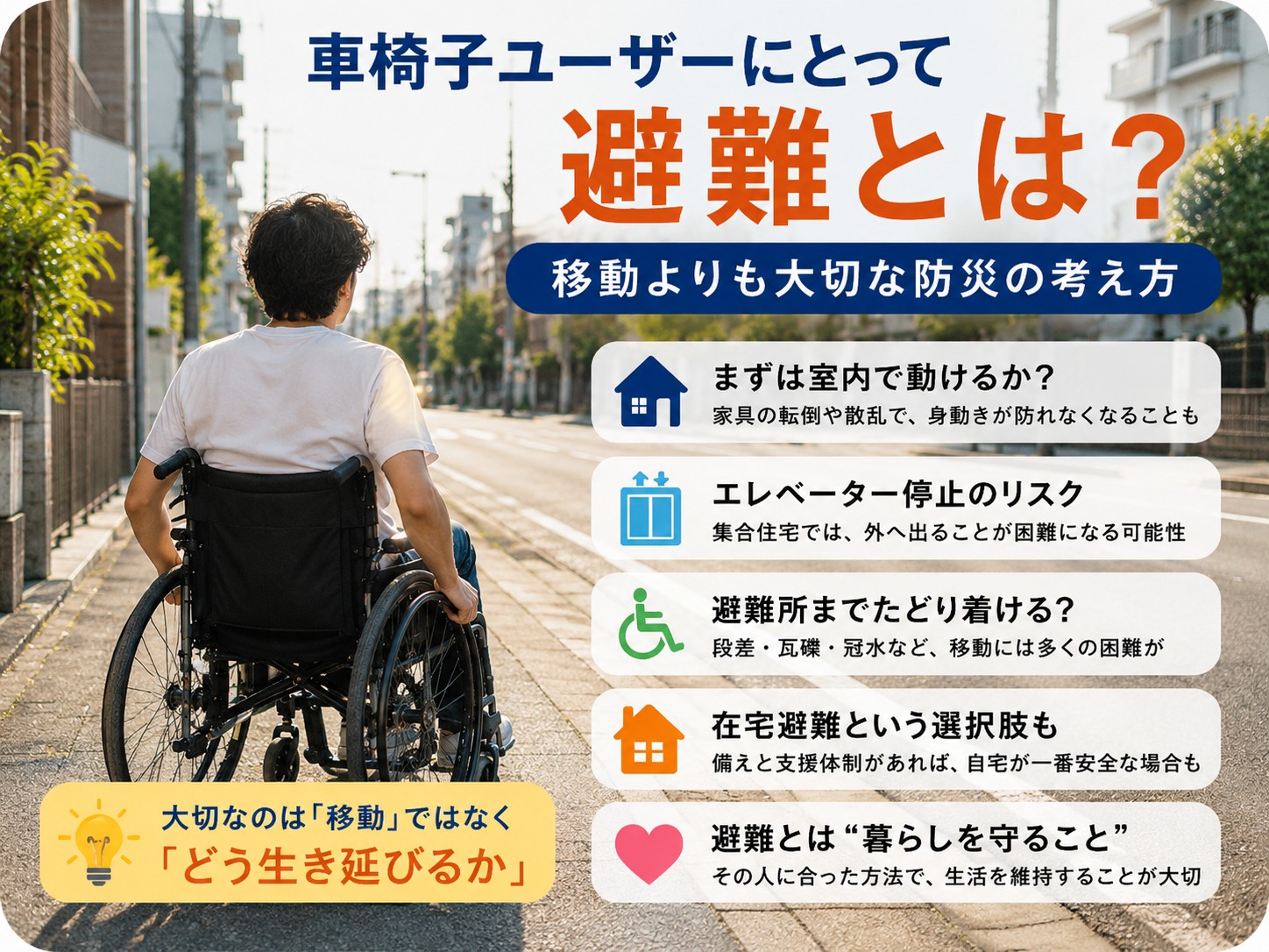 車椅子ユーザーが避難について考える様子。災害時の避難、在宅避難、防災の重要性を表現したイメージ