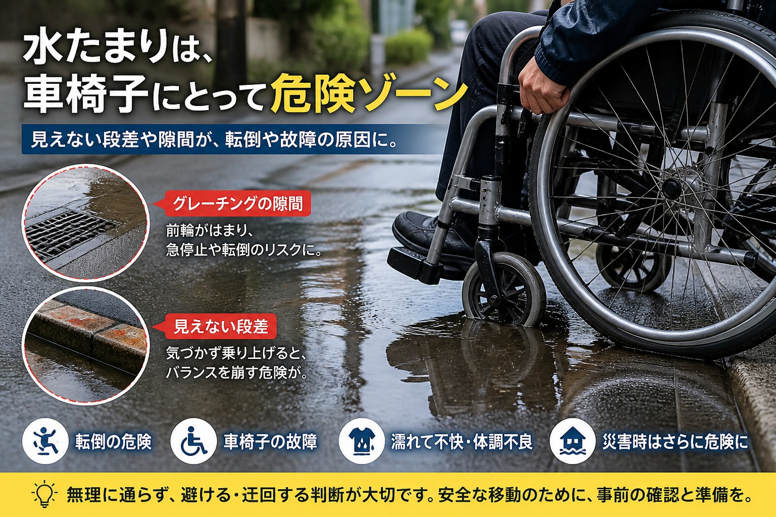 雨の日の水たまりを走行する車椅子。見えない段差やグレーチングによる転倒・故障リスクを解説するイメージ。