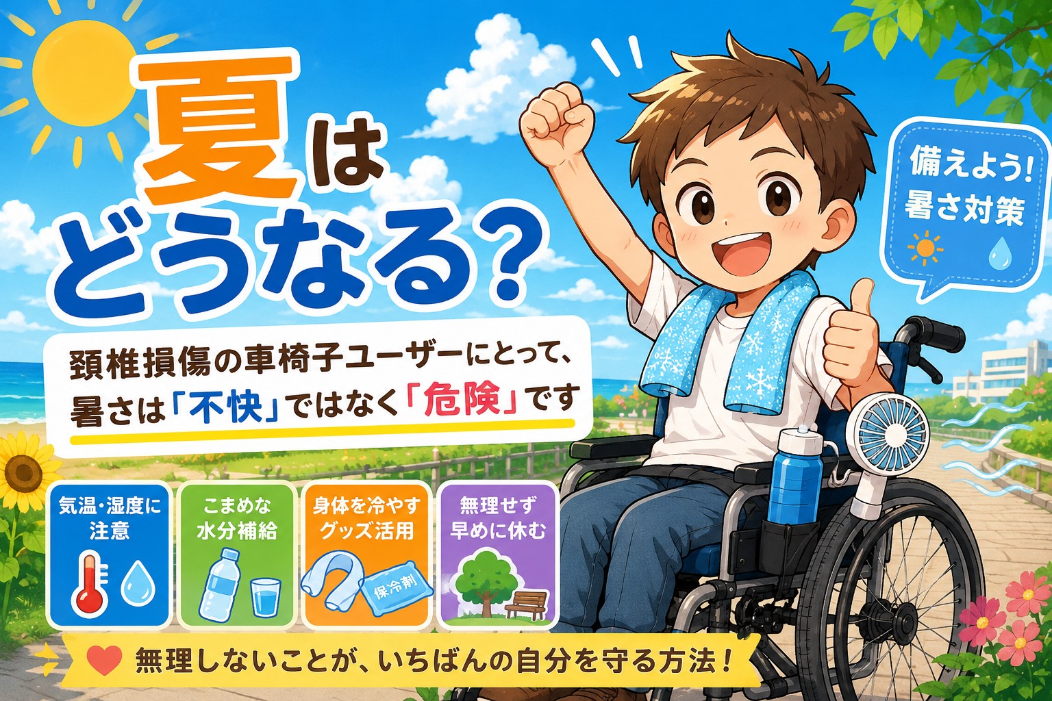 頚髄損傷の車椅子ユーザーが夏の暑さ対策について紹介するイラスト