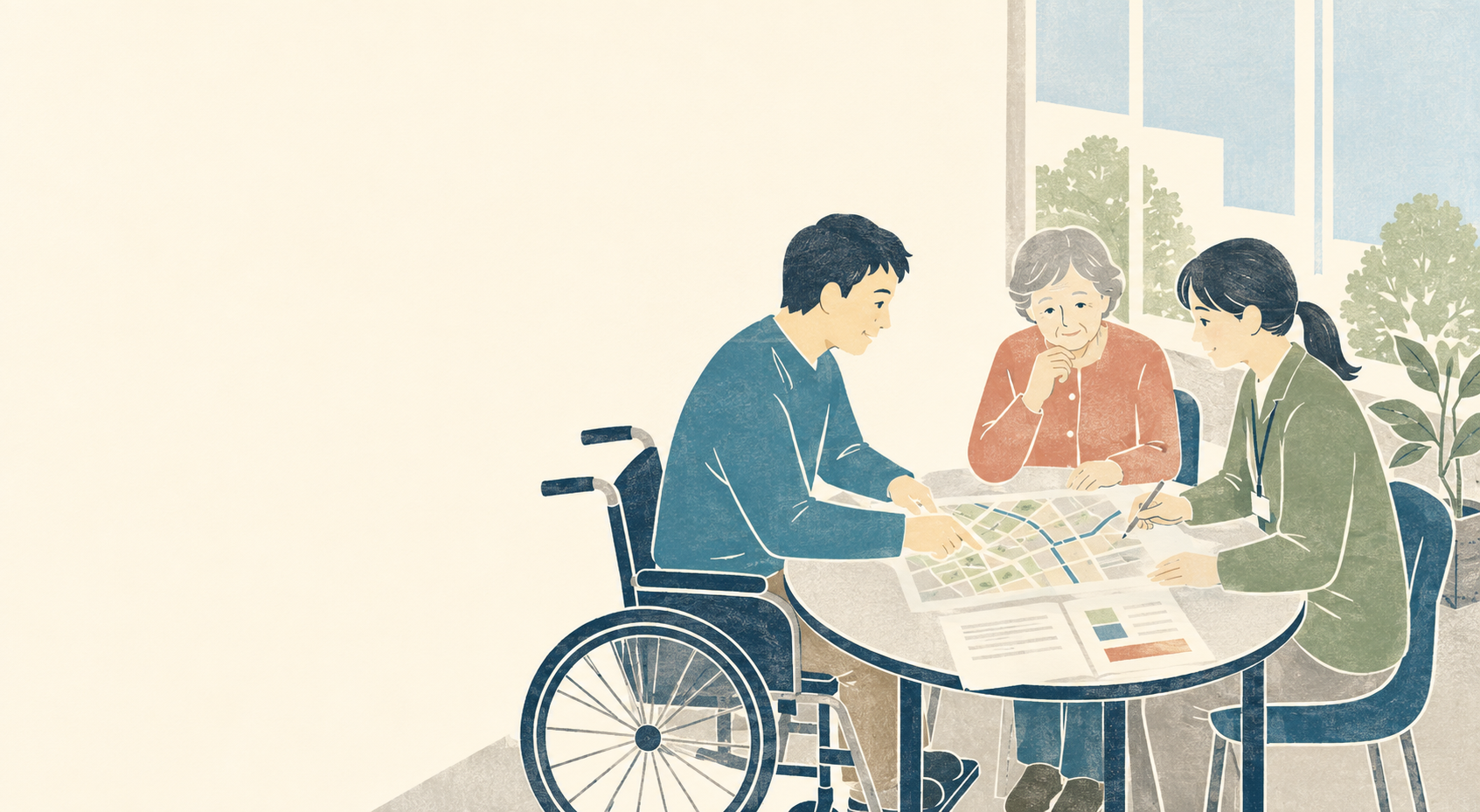 車いす利用者、高齢者、支援者が地域の地図と資料を囲んで話し合うイラスト